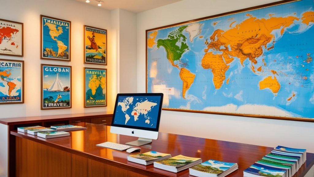 Un Mostrador De Una Agencia De Viajes Con Un Ordenador Y Mapas En La Pared 1024x579